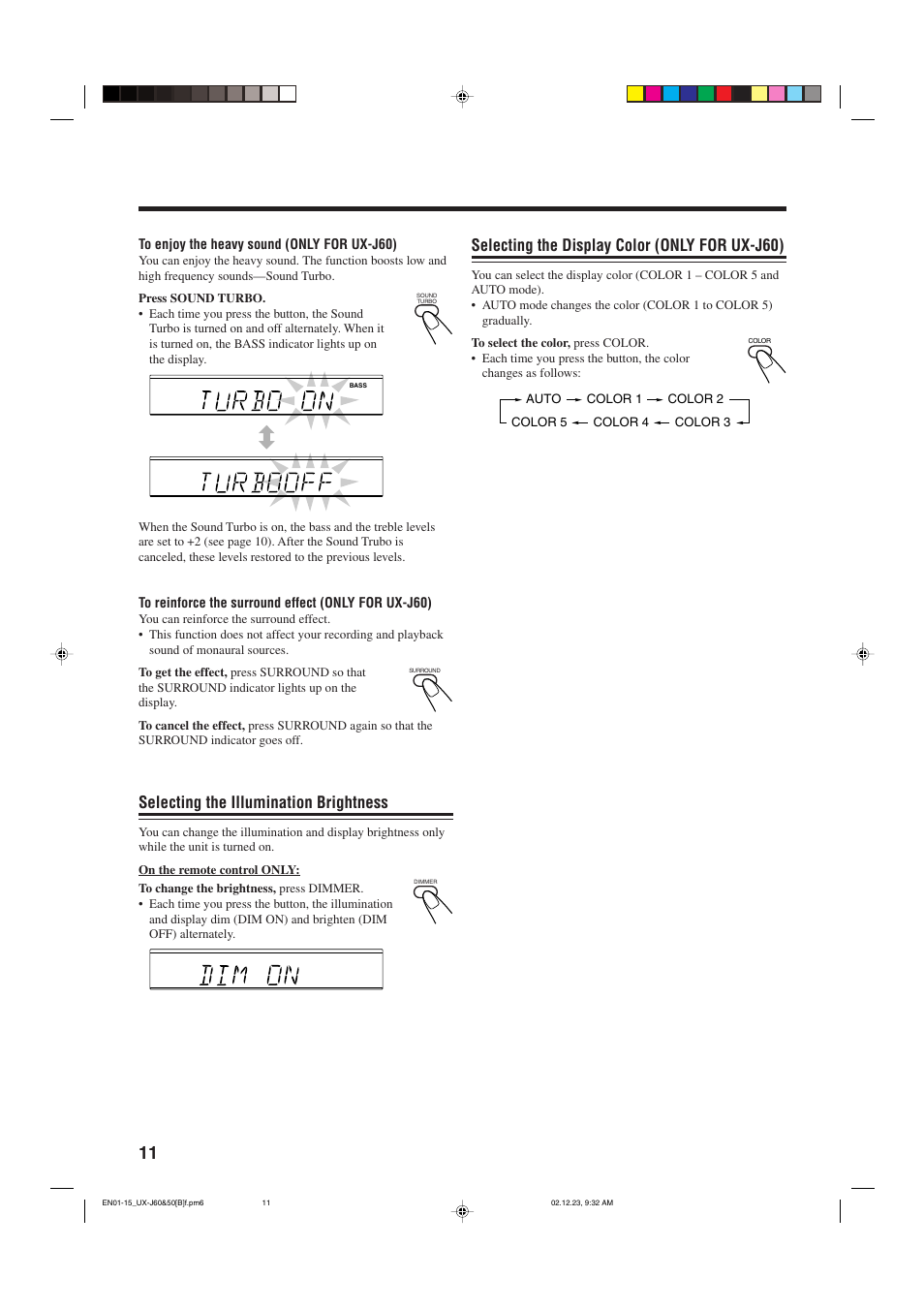 Selecting the display color (only for ux-j60), Selecting the illumination brightness | JVC SP-UXJ60 User Manual | Page 14 / 32