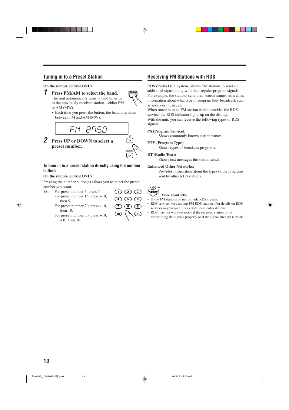 Tuning in to a preset station, Receiving fm stations with rds | JVC SP-UXJ60 User Manual | Page 16 / 32