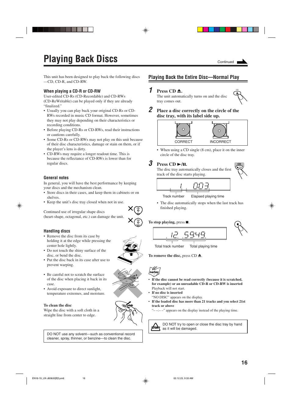 Playing back discs, Playing back the entire disc—normal play | JVC SP-UXJ60 User Manual | Page 19 / 32