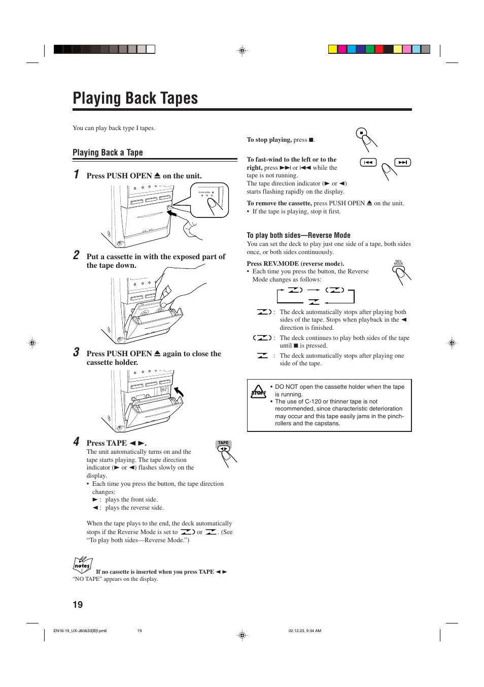 Playing back tapes, Playing back a tape | JVC SP-UXJ60 User Manual | Page 22 / 32