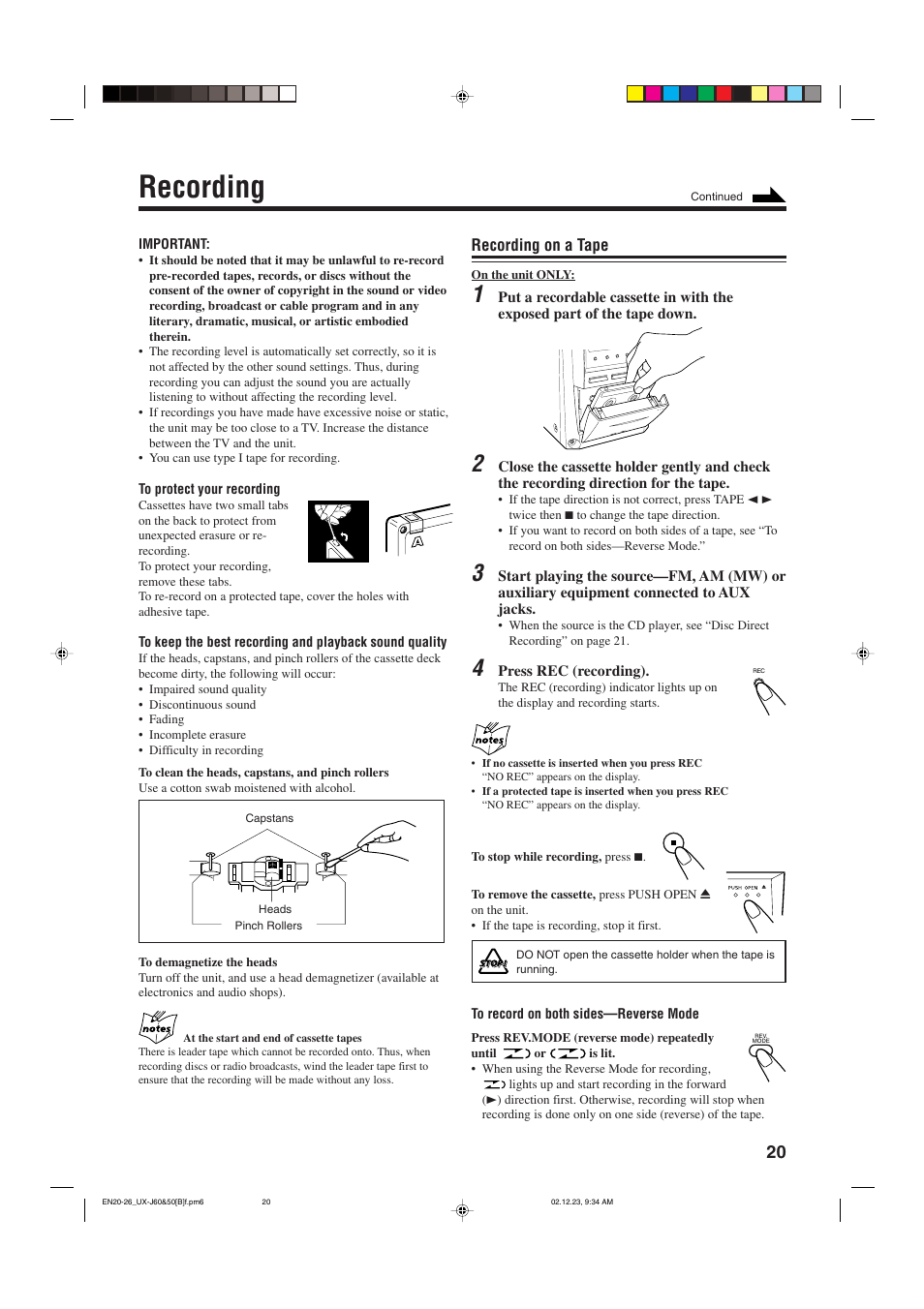 Recording, Recording on a tape | JVC SP-UXJ60 User Manual | Page 23 / 32