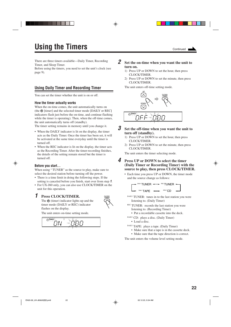 Using the timers, Using daily timer and recording timer | JVC SP-UXJ60 User Manual | Page 25 / 32