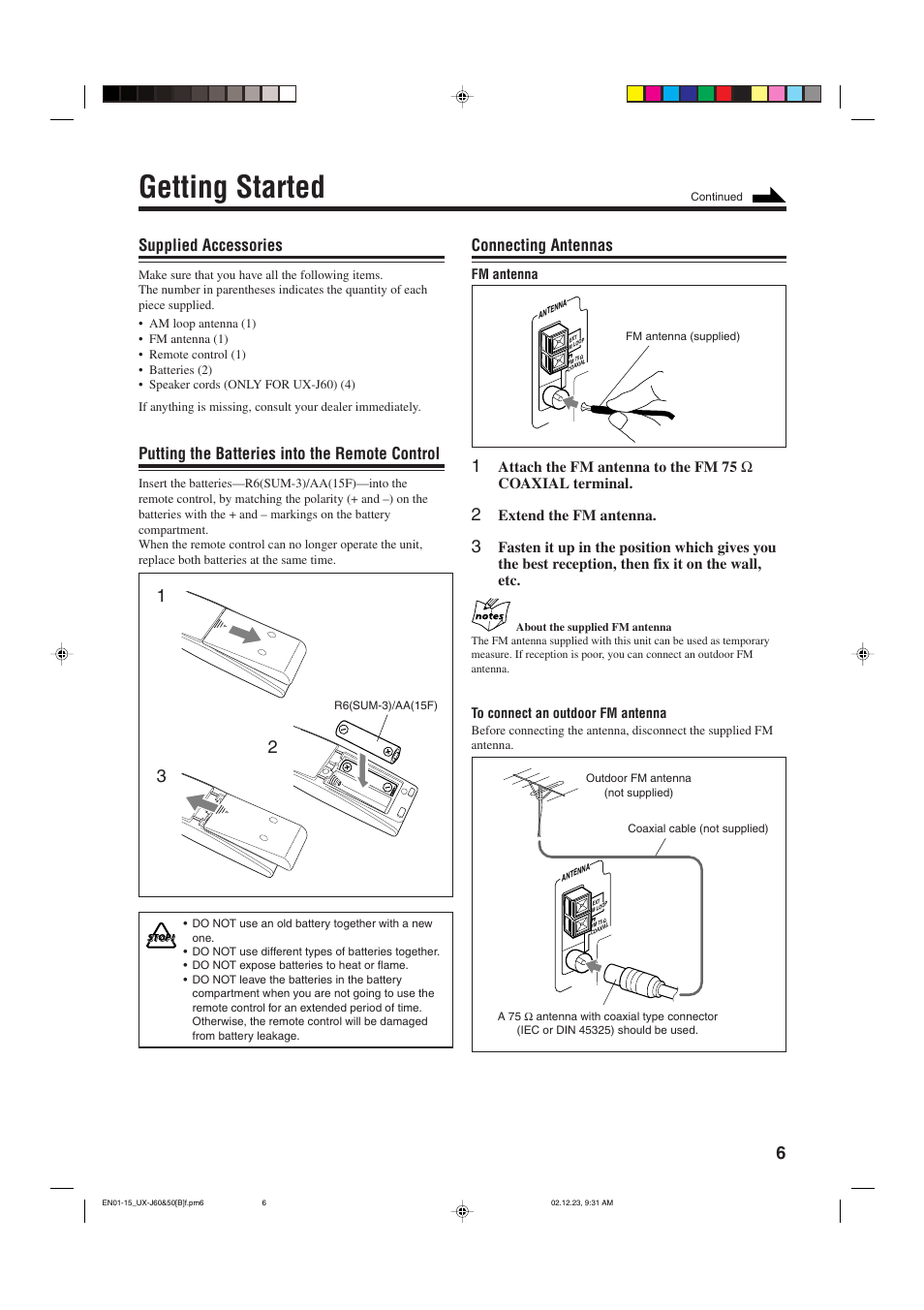 Getting started, Supplied accessories, Putting the batteries into the remote control | Connecting antennas | JVC SP-UXJ60 User Manual | Page 9 / 32