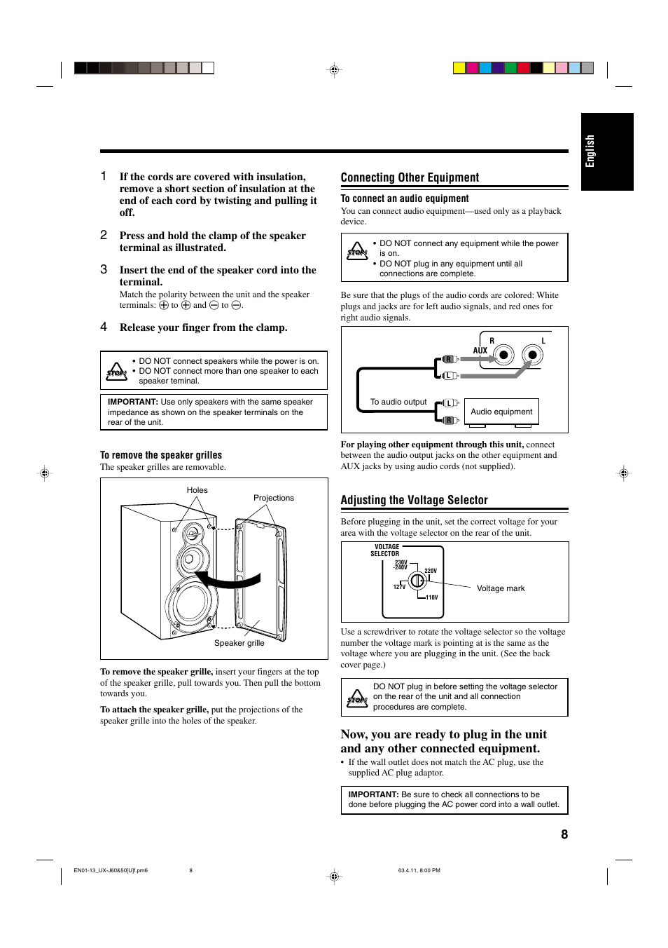 Connecting other equipment, Adjusting the voltage selector | JVC UX-J50 User Manual | Page 11 / 28