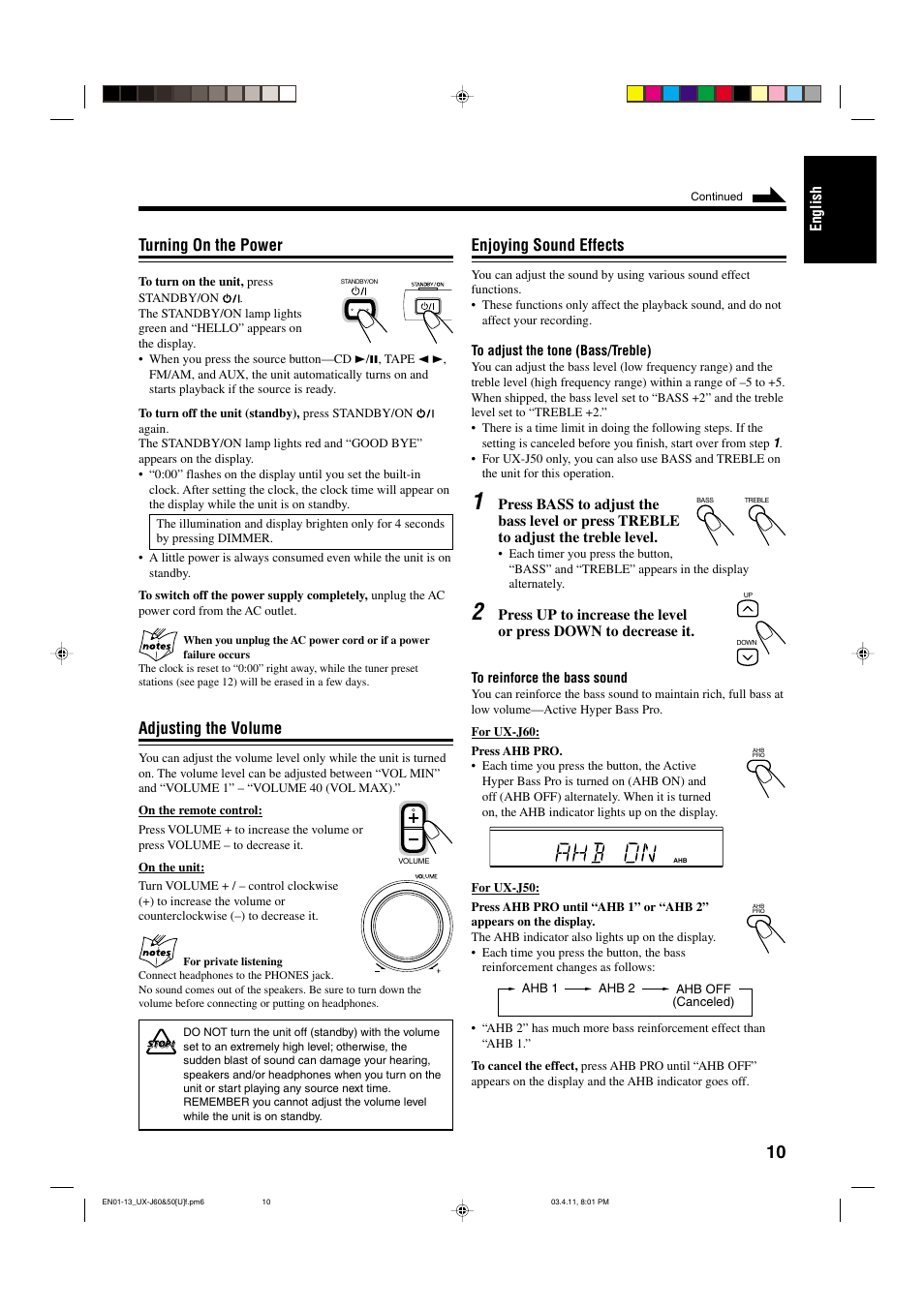 Turning on the power, Adjusting the volume, Enjoying sound effects | JVC UX-J50 User Manual | Page 13 / 28