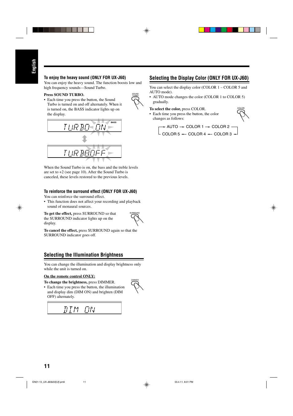 Selecting the display color (only for ux-j60), Selecting the illumination brightness | JVC UX-J50 User Manual | Page 14 / 28