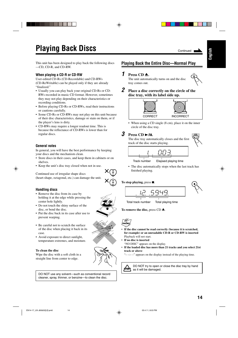 Playing back discs, Playing back the entire disc—normal play | JVC UX-J50 User Manual | Page 17 / 28