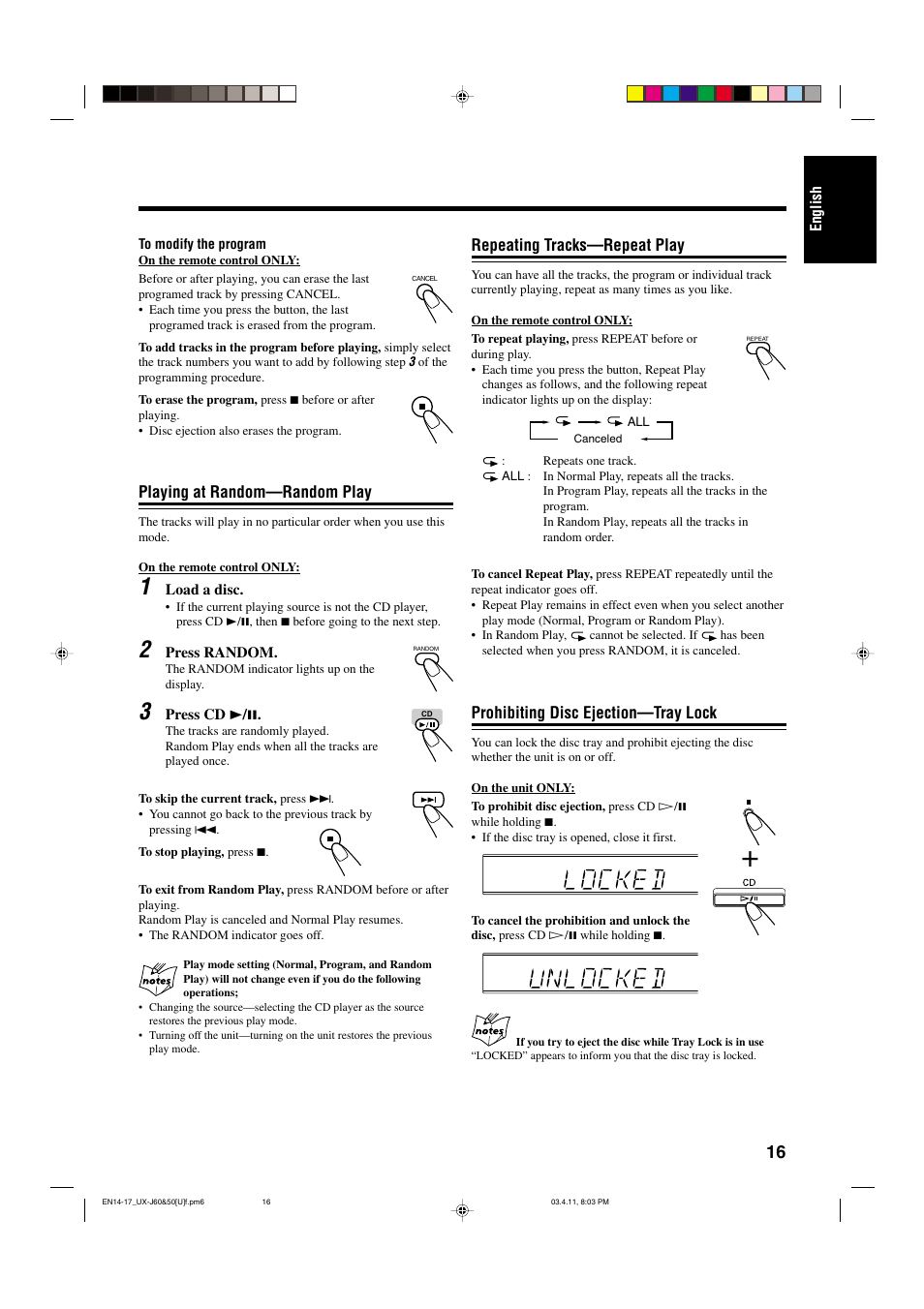 Repeating tracks—repeat play, Prohibiting disc ejection—tray lock, Playing at random—random play | JVC UX-J50 User Manual | Page 19 / 28