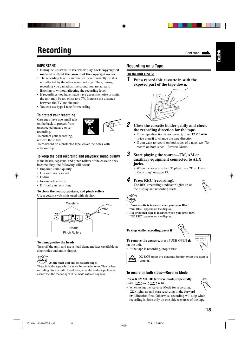 Recording, Recording on a tape | JVC UX-J50 User Manual | Page 21 / 28