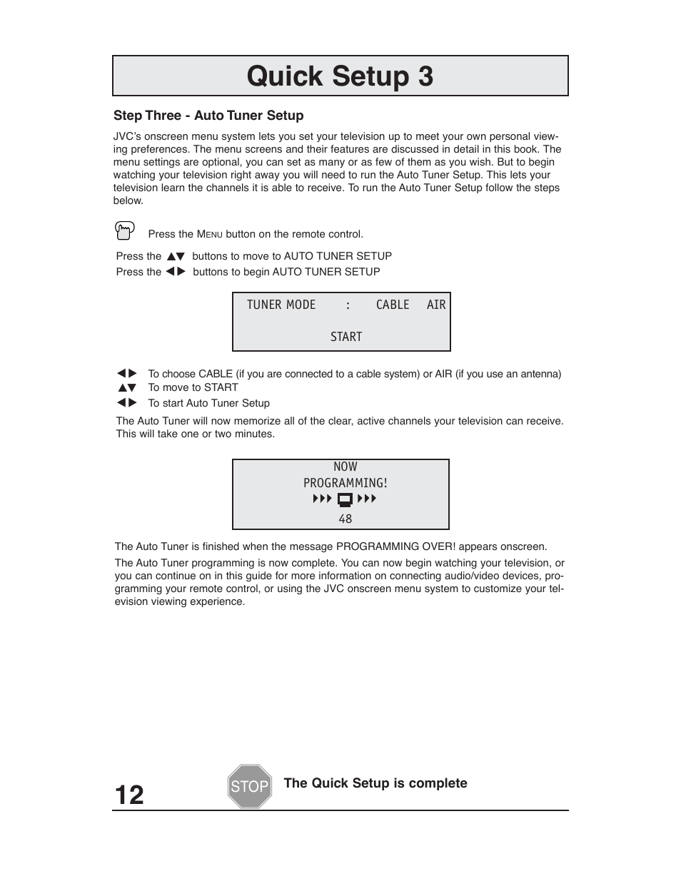 Quick setup 3 | JVC AV 20321 User Manual | Page 12 / 44