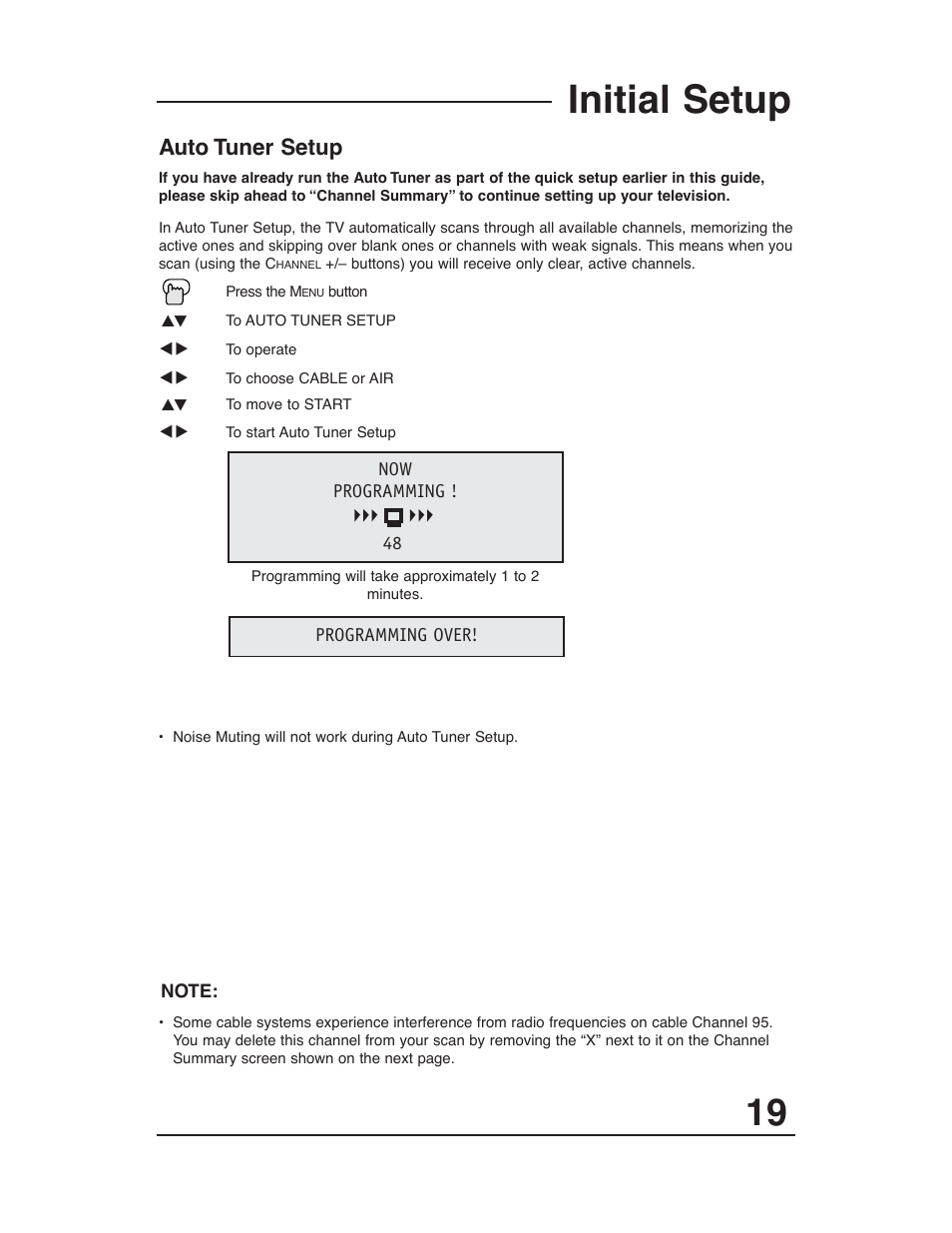 Initial setup, Auto tuner setup | JVC AV 20321 User Manual | Page 19 / 44