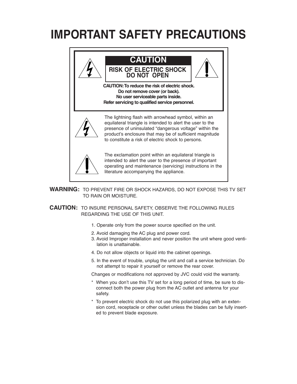 Important safety precautions, Caution, Risk of electric shock do not open | JVC AV 20321 User Manual | Page 2 / 44
