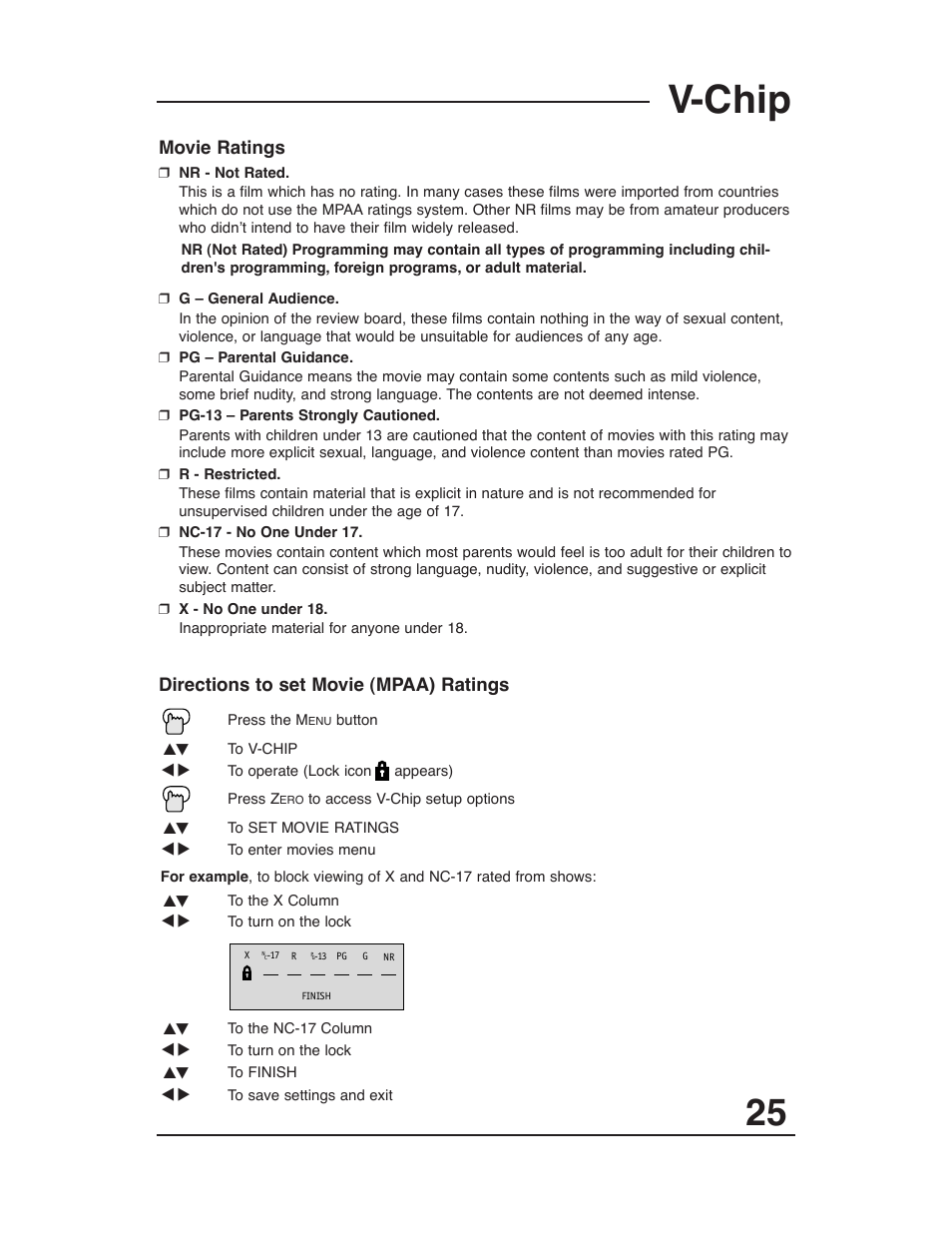 V-chip, Movie ratings, Directions to set movie (mpaa) ratings | JVC AV 20321 User Manual | Page 25 / 44