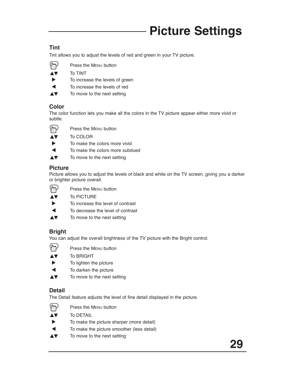 Picture settings | JVC AV 20321 User Manual | Page 29 / 44
