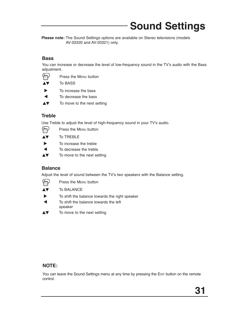 Sound settings | JVC AV 20321 User Manual | Page 31 / 44