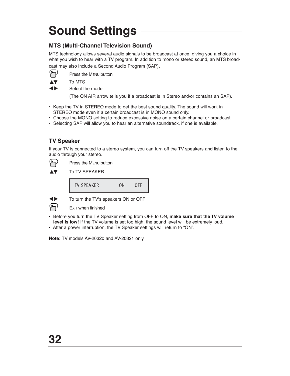 Sound settings | JVC AV 20321 User Manual | Page 32 / 44