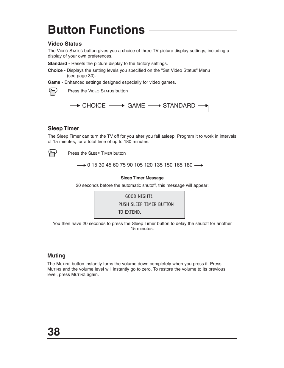 Button functions, Choice game standard | JVC AV 20321 User Manual | Page 38 / 44