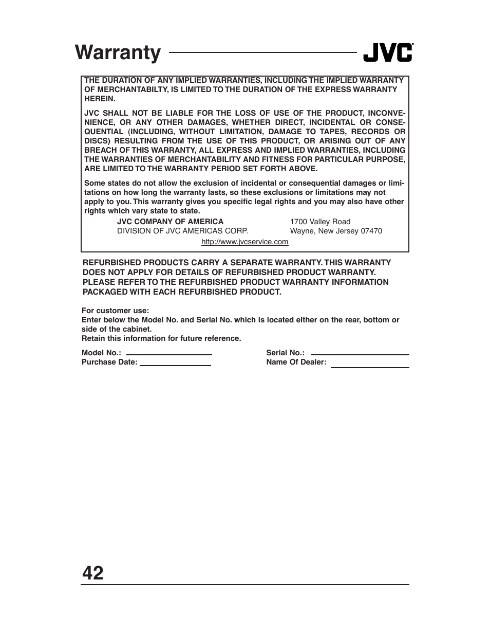 Warranty | JVC AV 20321 User Manual | Page 42 / 44