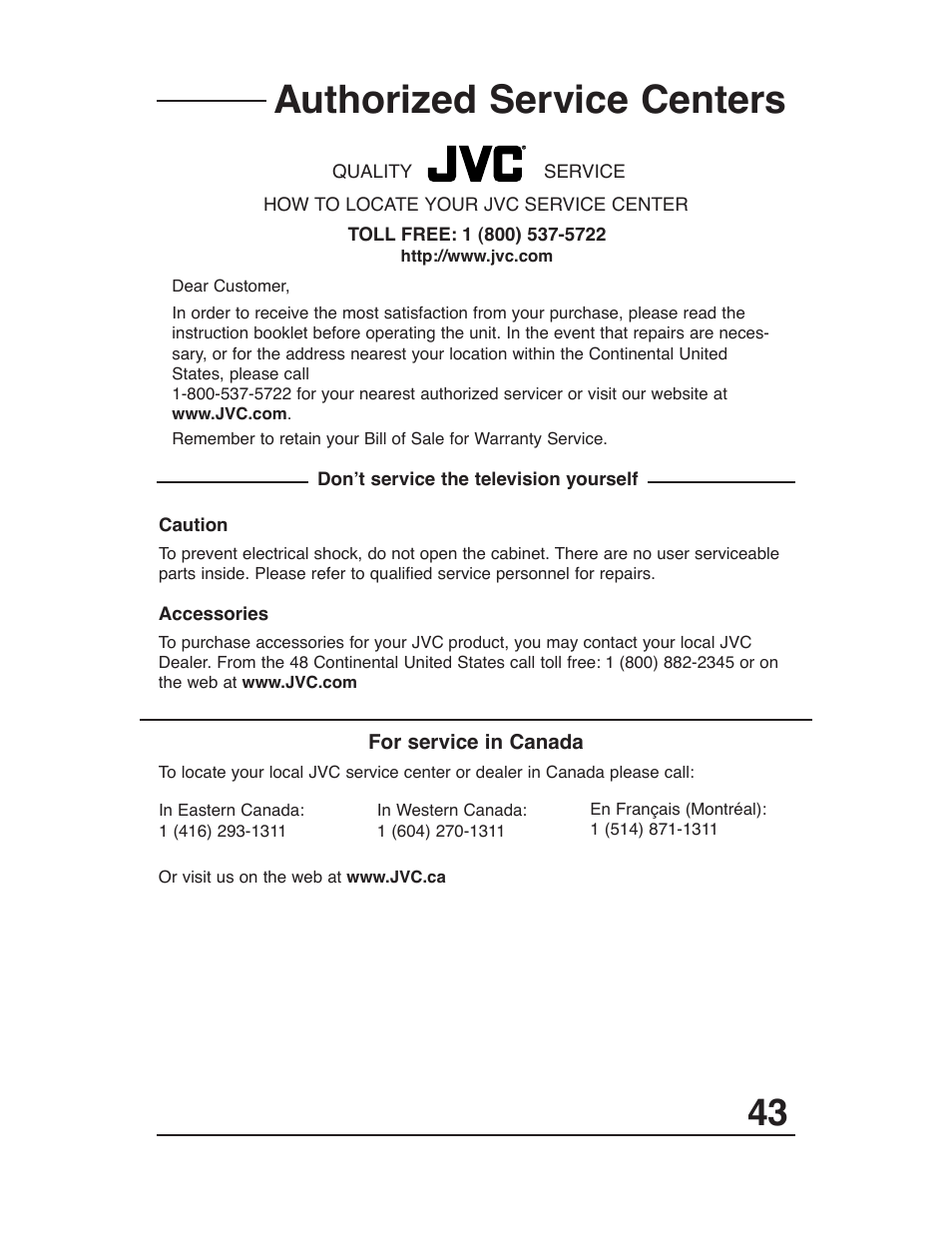 Authorized service centers | JVC AV 20321 User Manual | Page 43 / 44