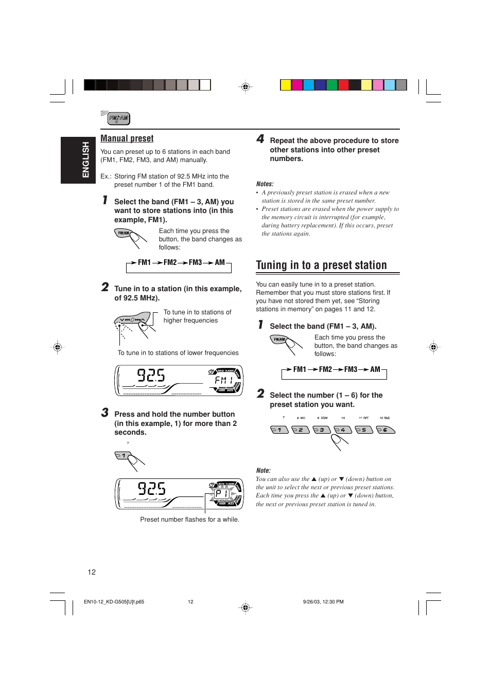 Tuning in to a preset station | JVC KD-G505 User Manual | Page 12 / 42