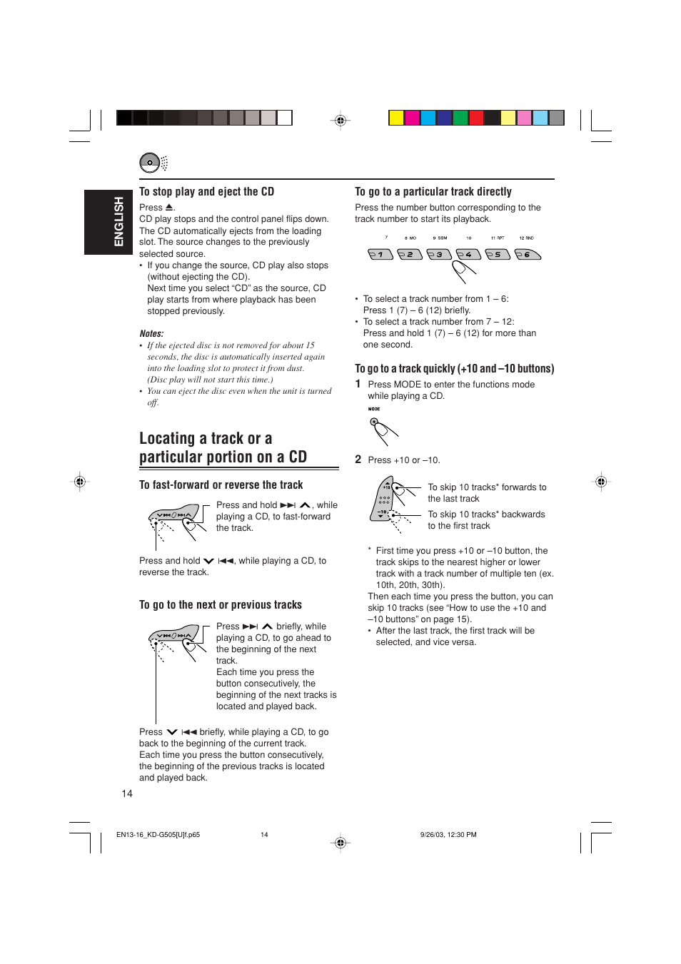 Locating a track or a particular portion on a cd, English to go to a particular track directly | JVC KD-G505 User Manual | Page 14 / 42