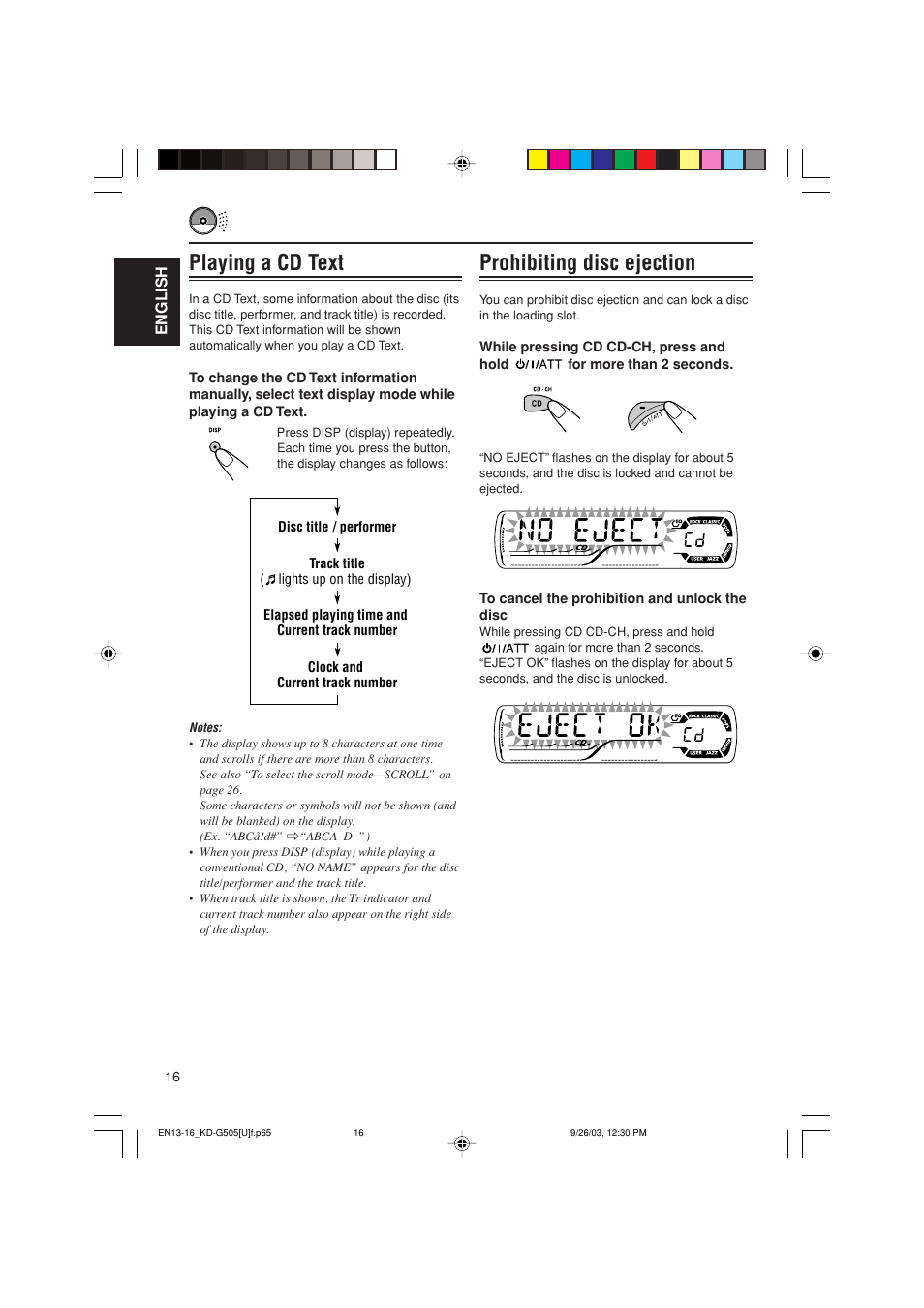 Prohibiting disc ejection, Playing a cd text | JVC KD-G505 User Manual | Page 16 / 42