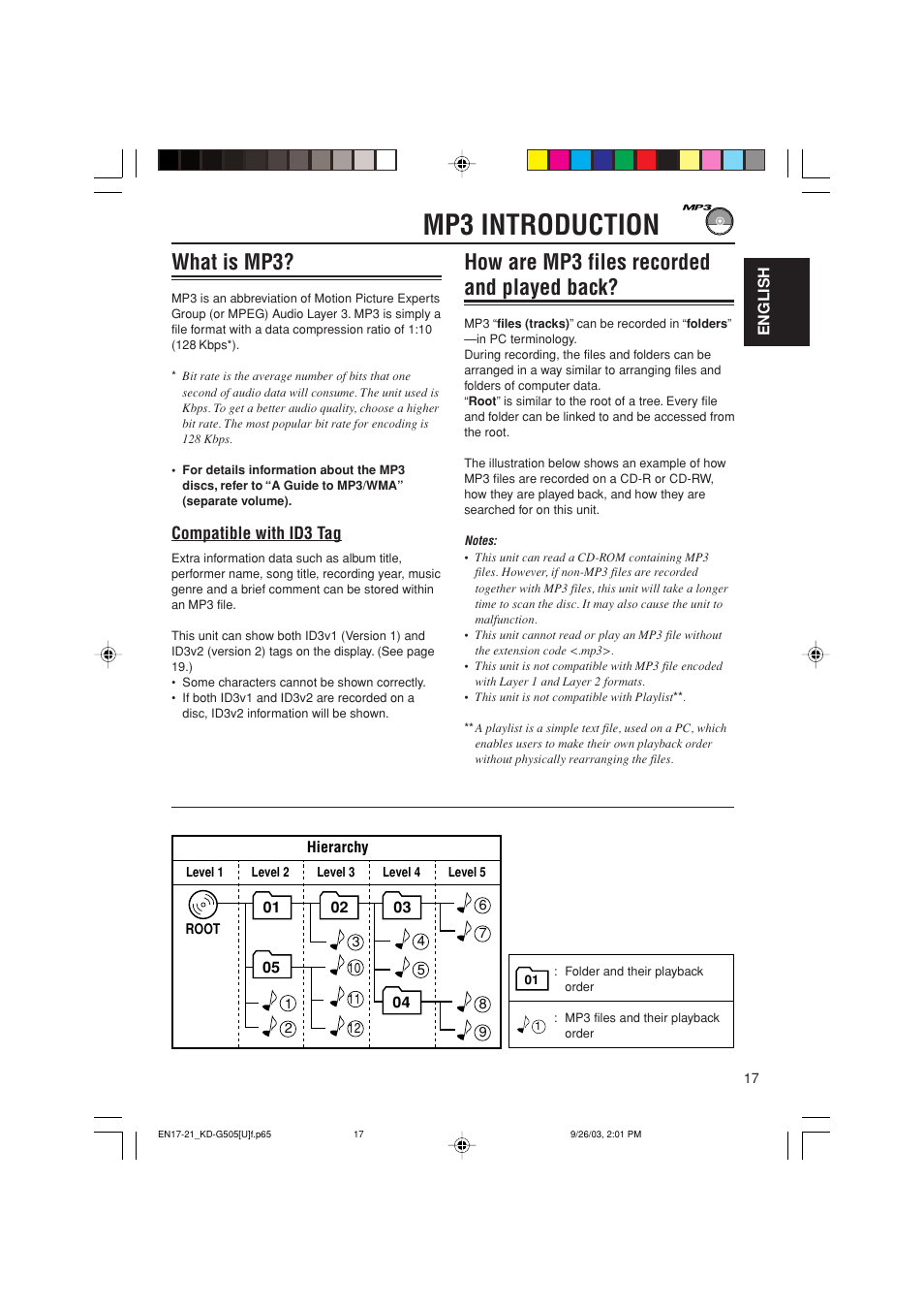 Mp3 introduction, What is mp3, How are mp3 files recorded and played back | Compatible with id3 tag | JVC KD-G505 User Manual | Page 17 / 42