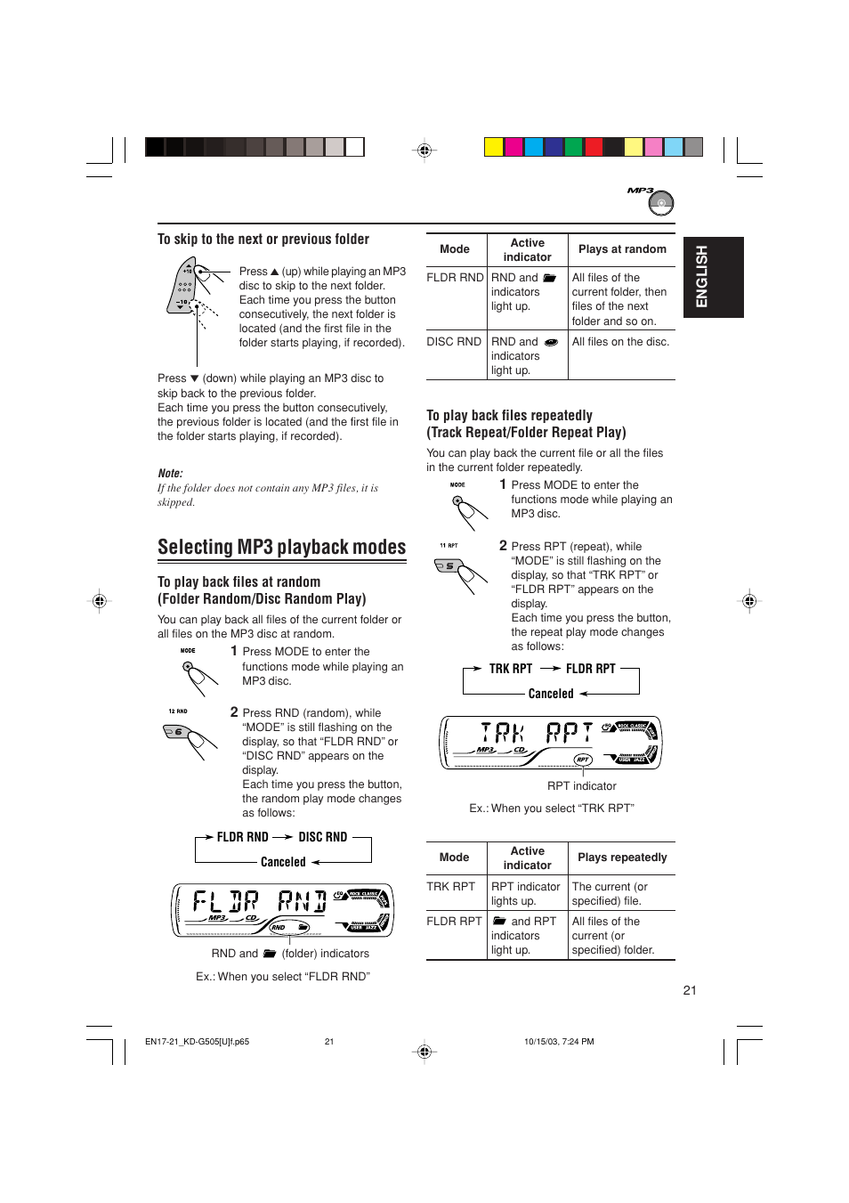 Selecting mp3 playback modes | JVC KD-G505 User Manual | Page 21 / 42