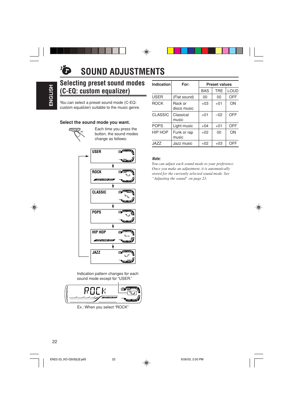 Sound adjustments, English | JVC KD-G505 User Manual | Page 22 / 42