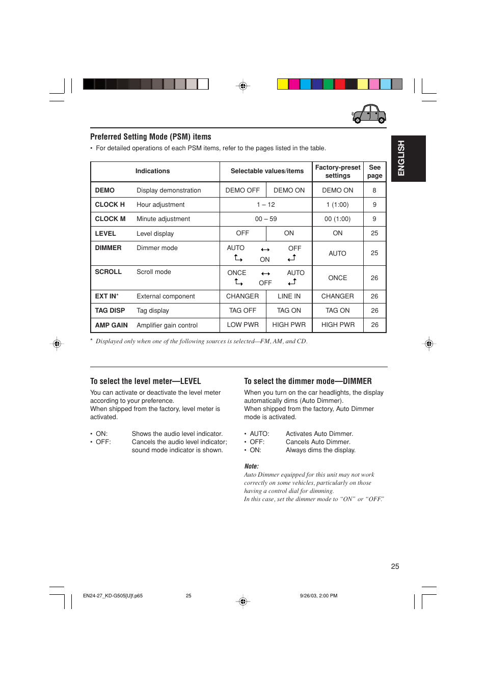 English preferred setting mode (psm) items | JVC KD-G505 User Manual | Page 25 / 42