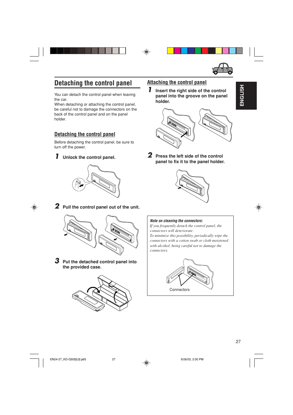 Detaching the control panel | JVC KD-G505 User Manual | Page 27 / 42