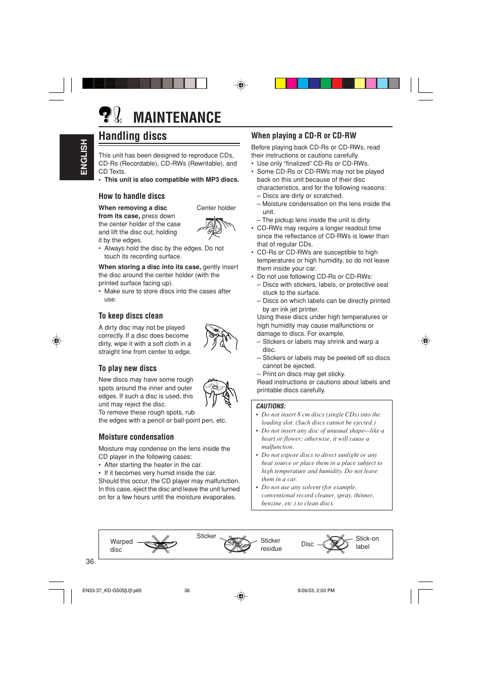 Maintenance, Handling discs | JVC KD-G505 User Manual | Page 36 / 42