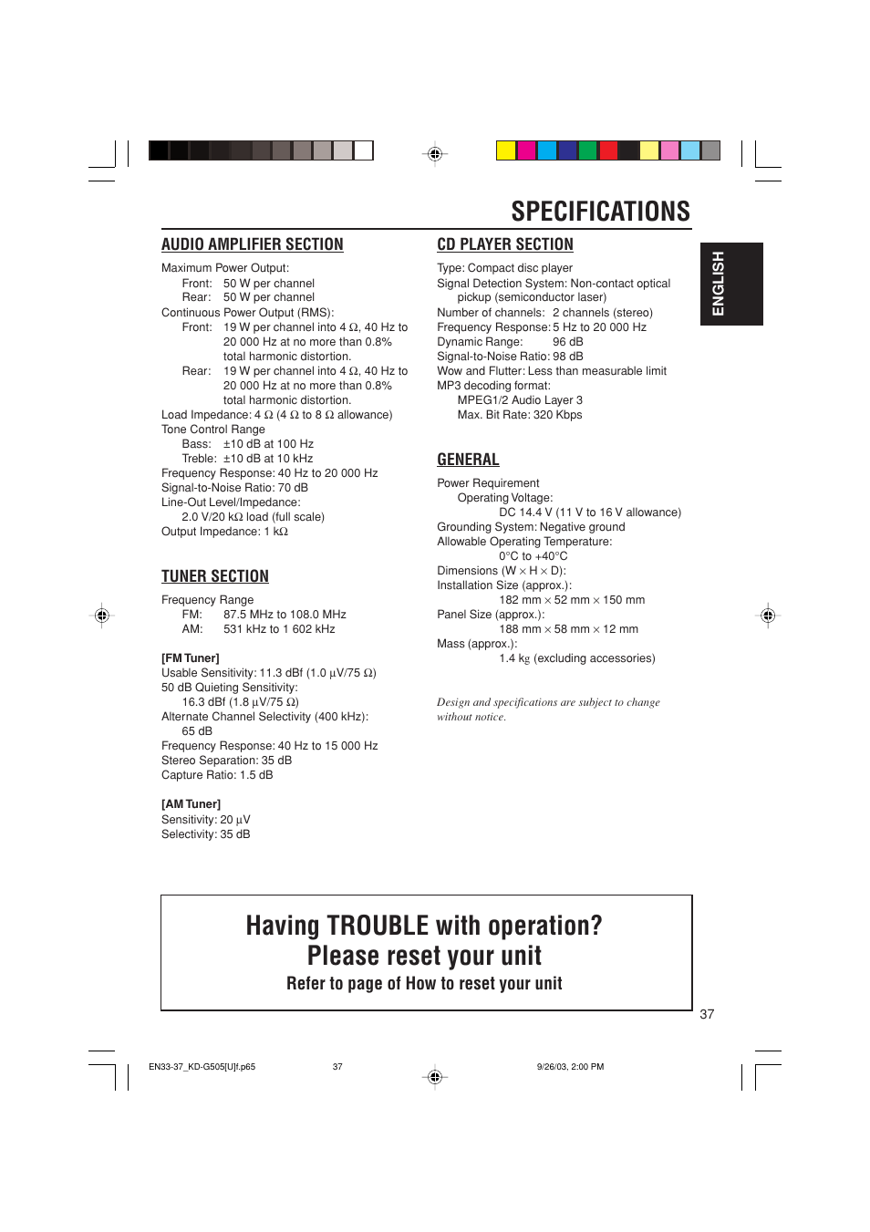 Specifications, Refer to page of how to reset your unit, General | JVC KD-G505 User Manual | Page 37 / 42