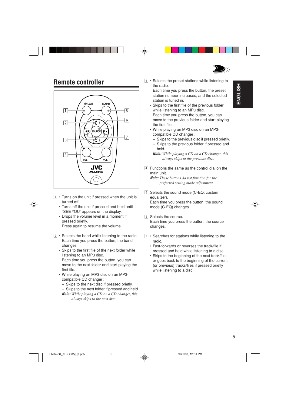 Remote controller, English | JVC KD-G505 User Manual | Page 5 / 42