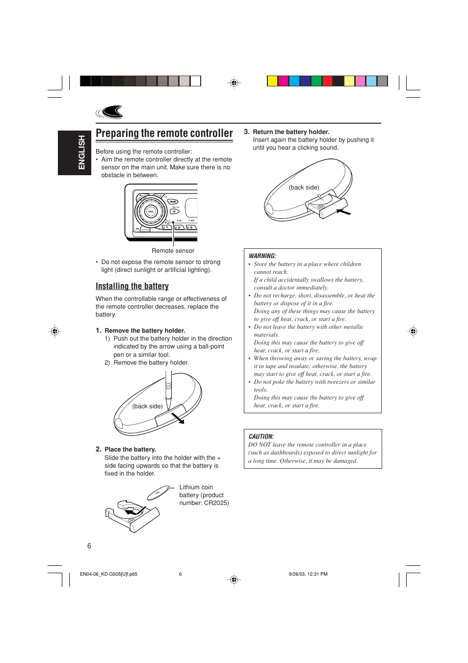 Preparing the remote controller, Installing the battery, English | JVC KD-G505 User Manual | Page 6 / 42