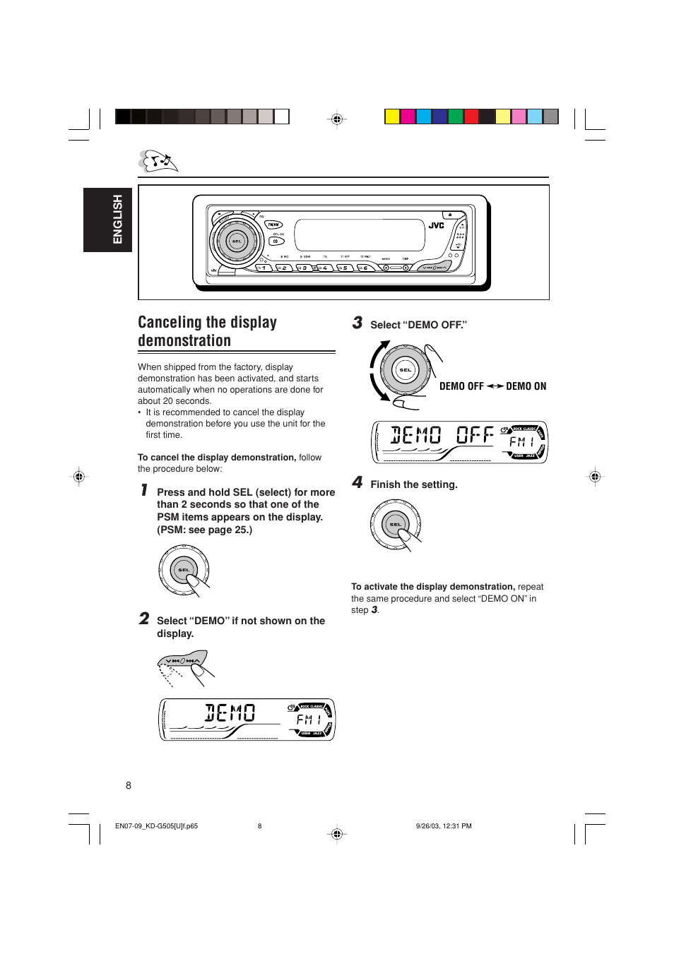 Canceling the display demonstration | JVC KD-G505 User Manual | Page 8 / 42