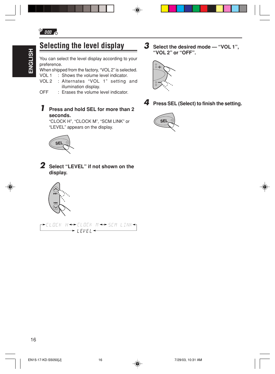 Selecting the level display | JVC KD-S10 User Manual | Page 16 / 25