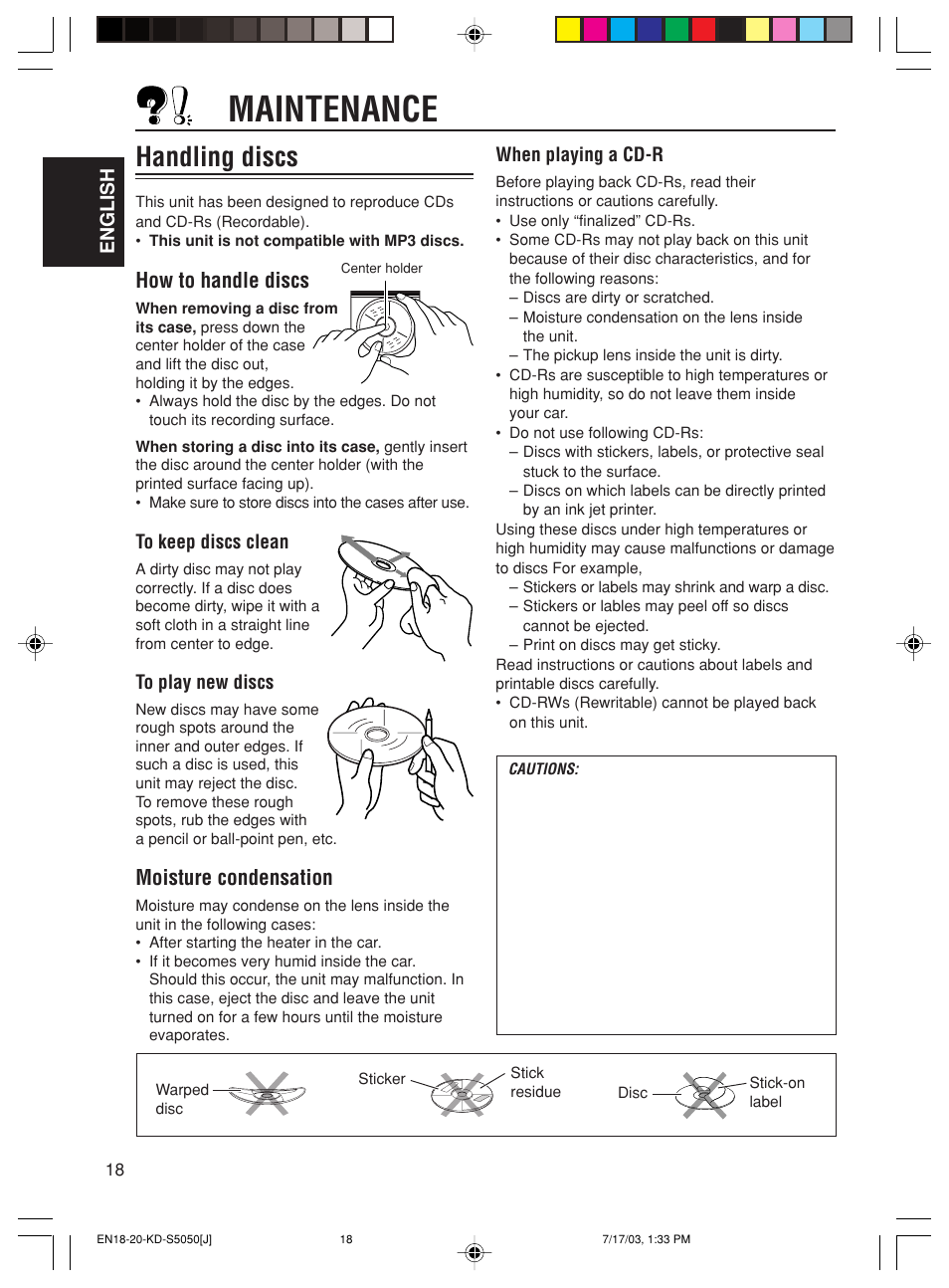 Maintenance, Handling discs, How to handle discs | Moisture condensation | JVC KD-S10 User Manual | Page 18 / 25