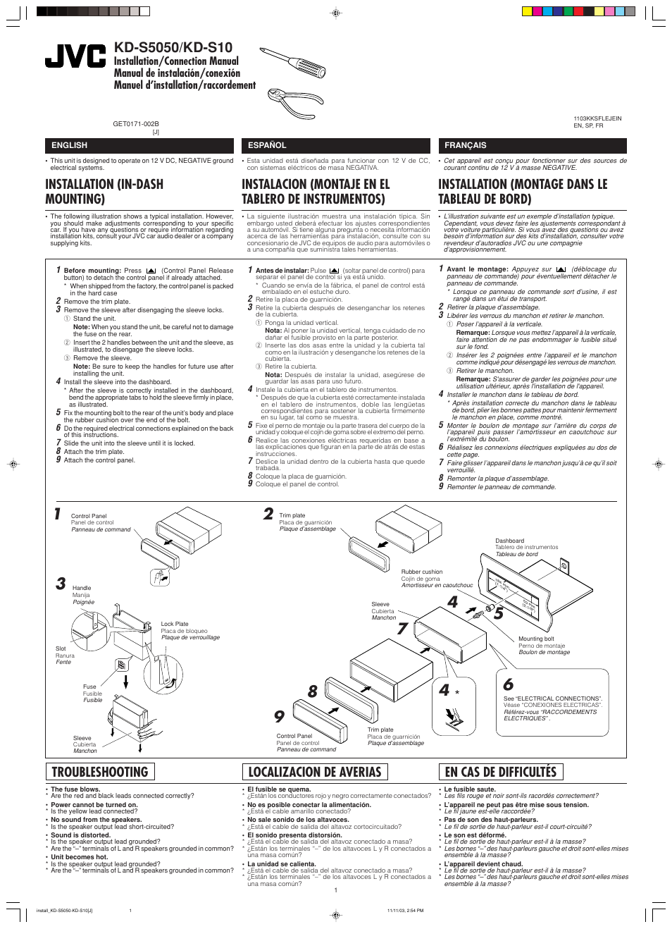 Installation/connection manual, Installation, Troubleshooting | Installation (montage dans le tableau de bord), Installation (in-dash mounting), Localizacion de averias, En cas de difficultés | JVC KD-S10 User Manual | Page 22 / 25