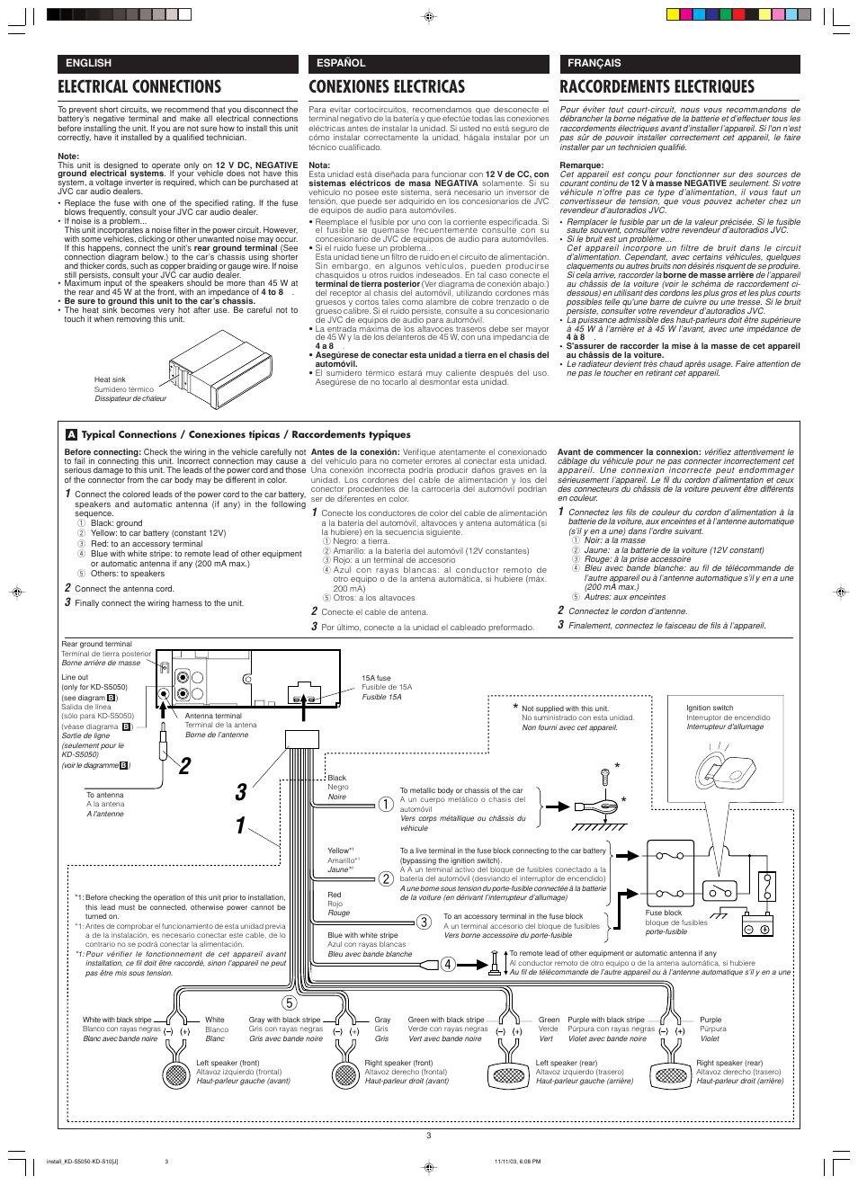 Electrical connections, Raccordements electriques, Conexiones electricas | JVC KD-S10 User Manual | Page 24 / 25