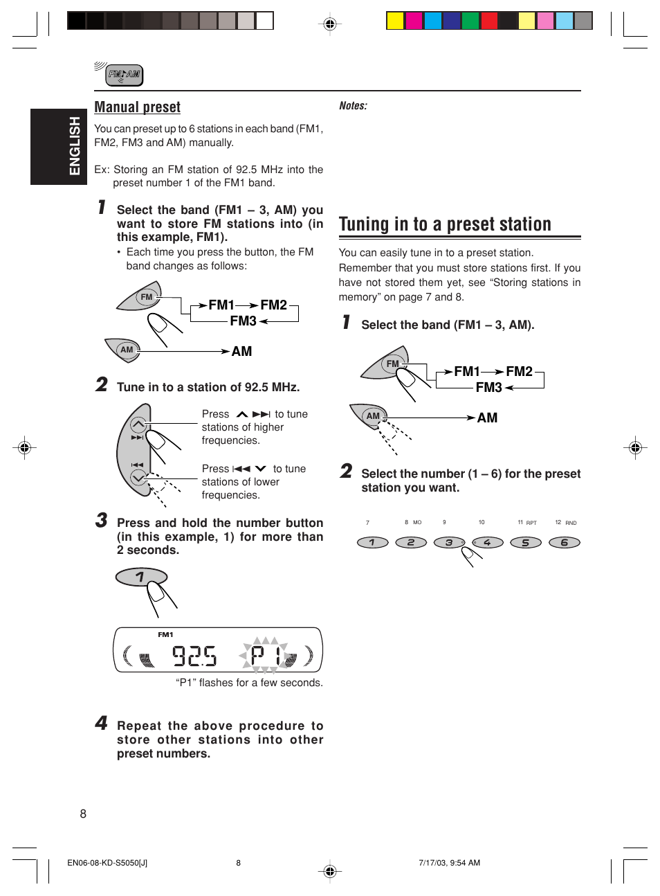 Tuning in to a preset station, Manual preset, English | Fm1 fm2 fm3 am | JVC KD-S10 User Manual | Page 8 / 25