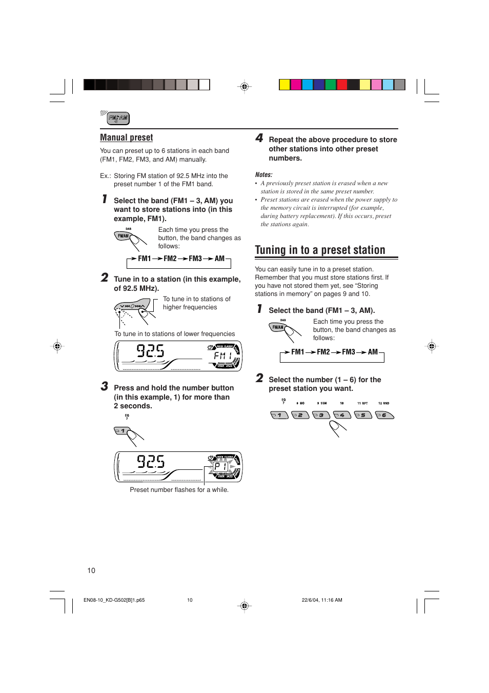 Tuning in to a preset station | JVC KD-G502 User Manual | Page 10 / 50