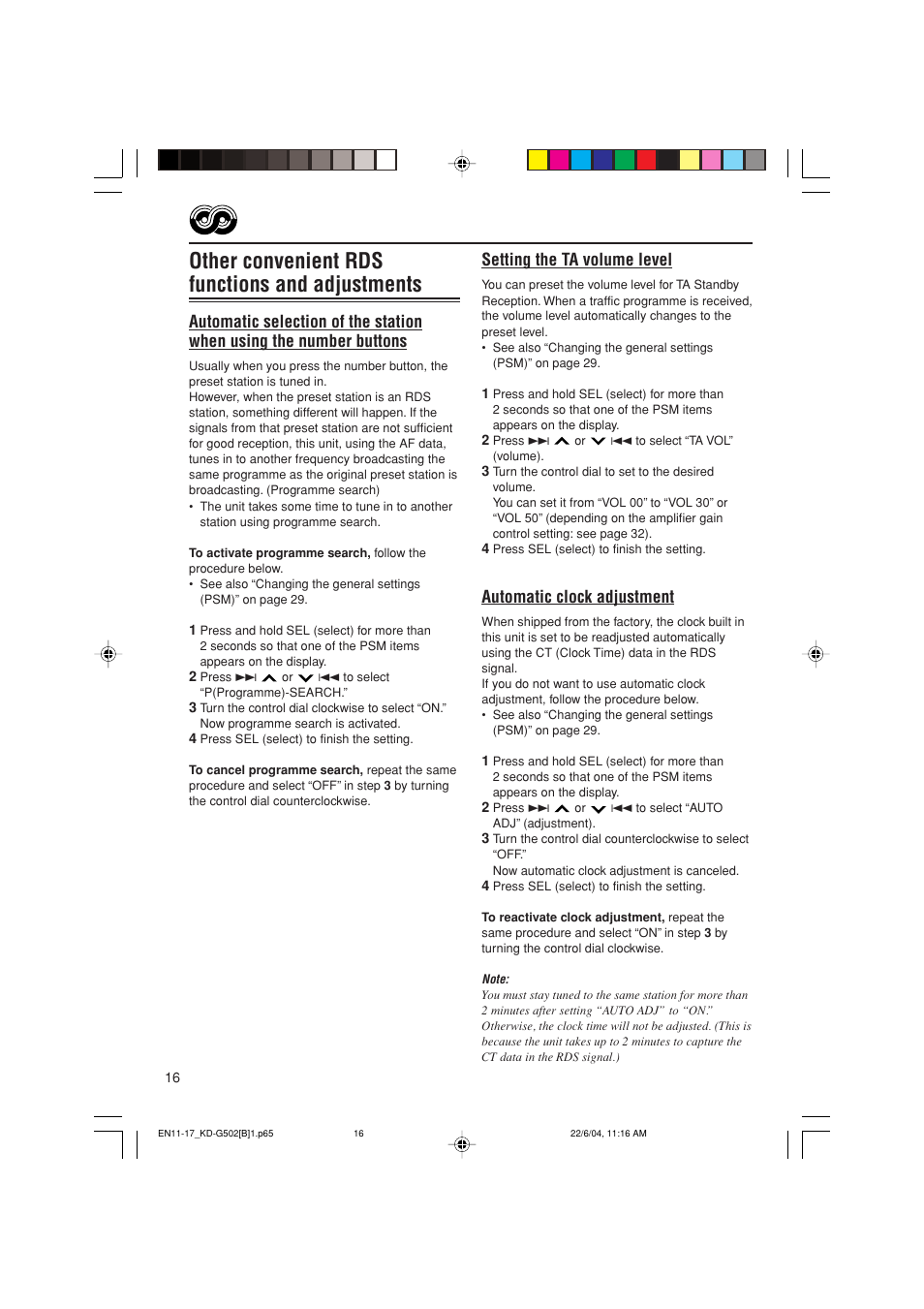 Other convenient rds functions and adjustments, Setting the ta volume level, Automatic clock adjustment | JVC KD-G502 User Manual | Page 16 / 50