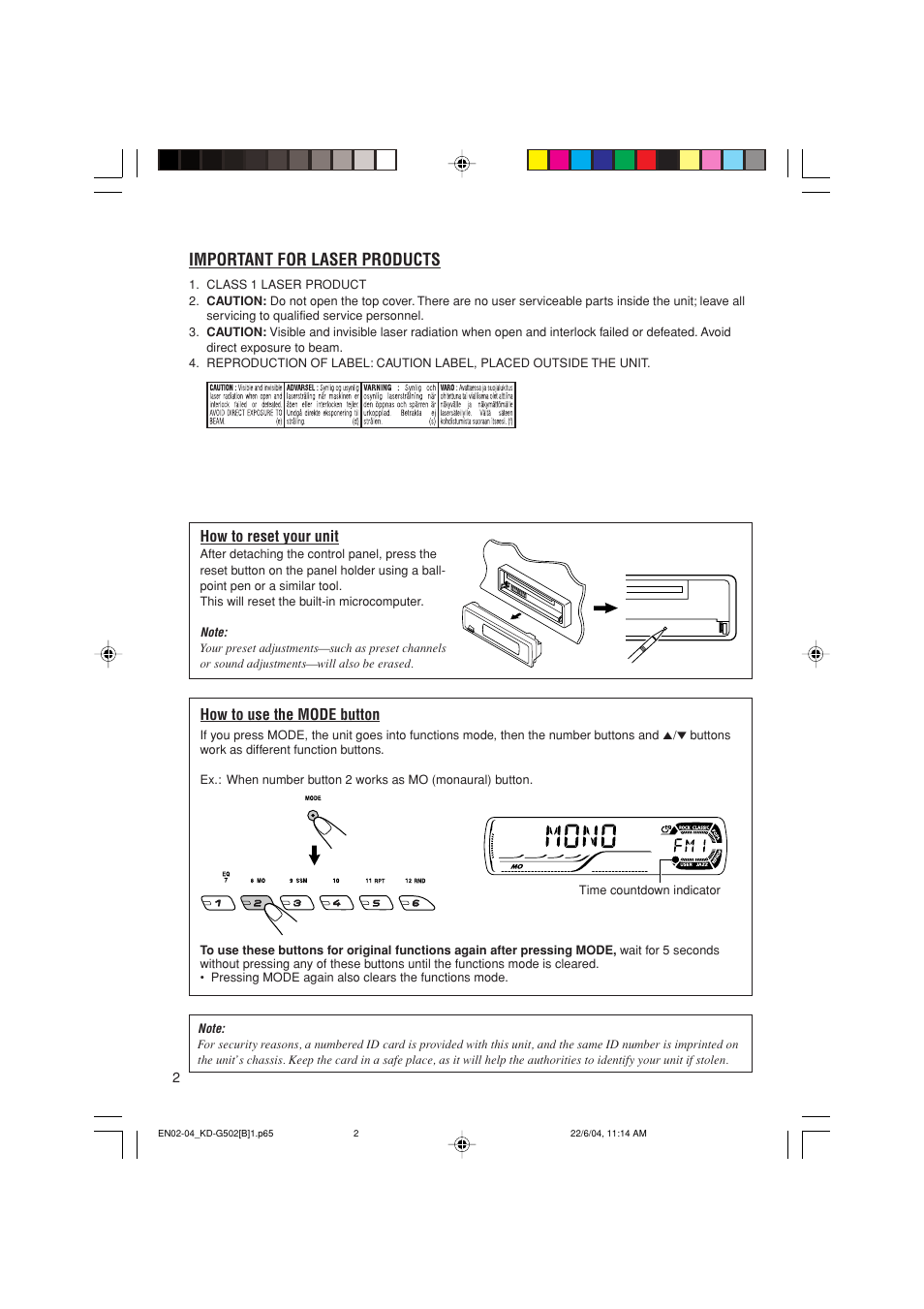 Important for laser products, How to use the mode button, How to reset your unit | JVC KD-G502 User Manual | Page 2 / 50
