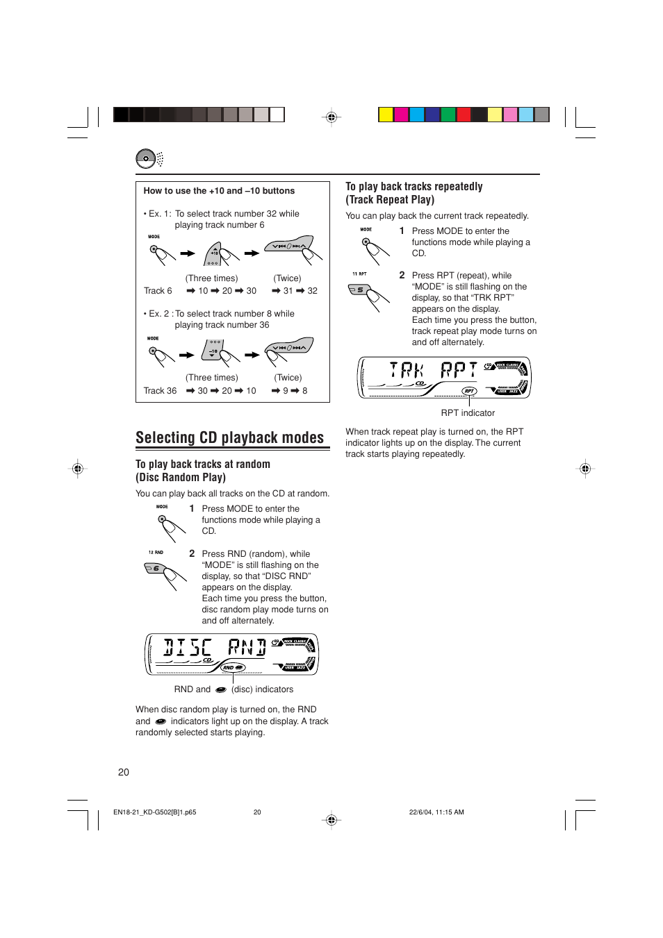 Selecting cd playback modes | JVC KD-G502 User Manual | Page 20 / 50