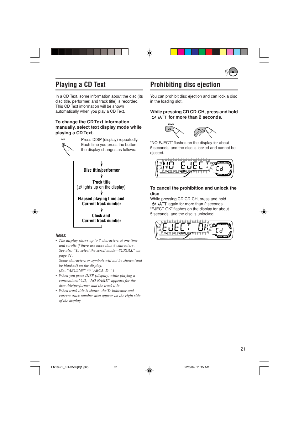 Prohibiting disc ejection, Playing a cd text | JVC KD-G502 User Manual | Page 21 / 50