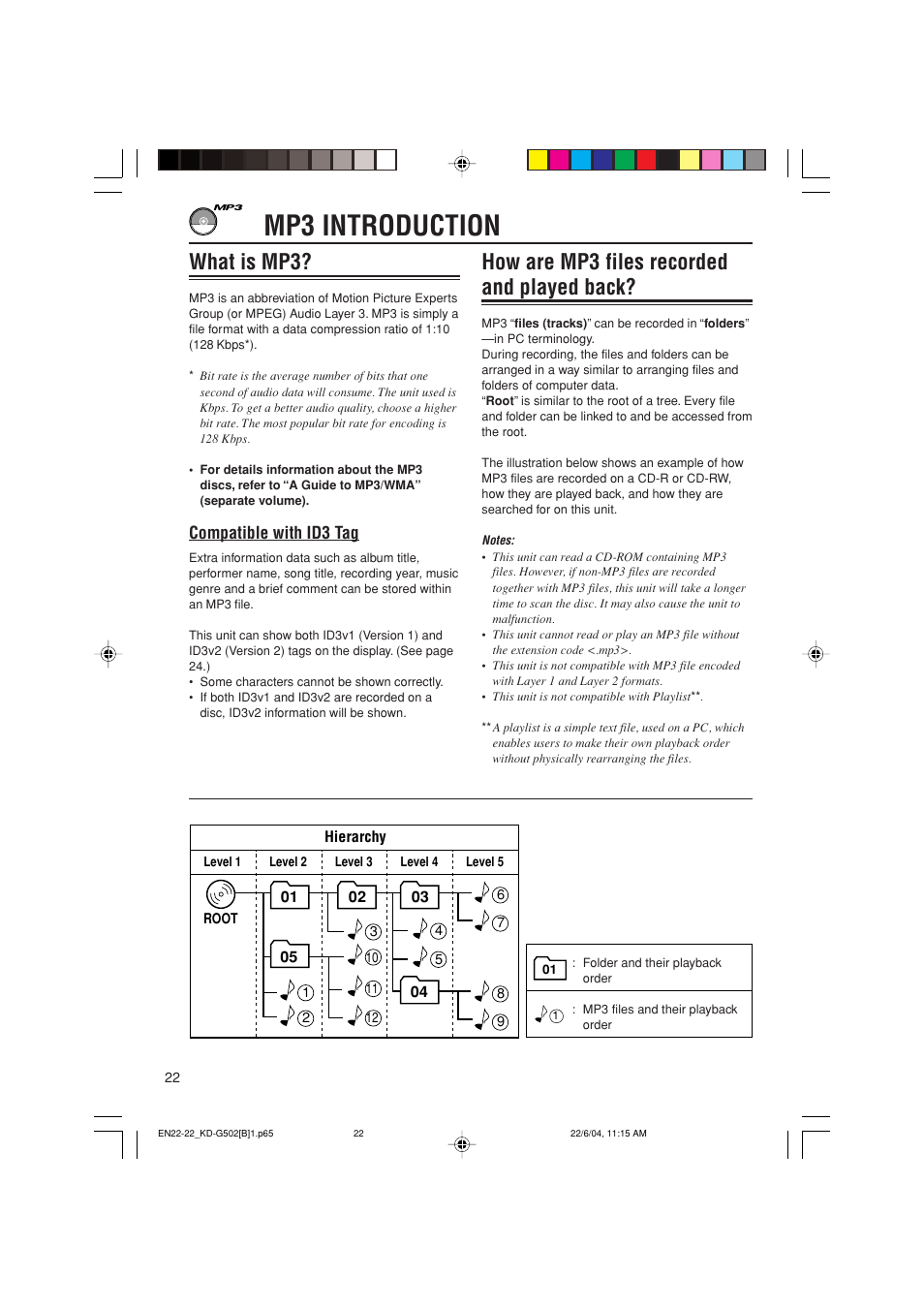 Mp3 introduction, What is mp3, How are mp3 files recorded and played back | Compatible with id3 tag | JVC KD-G502 User Manual | Page 22 / 50