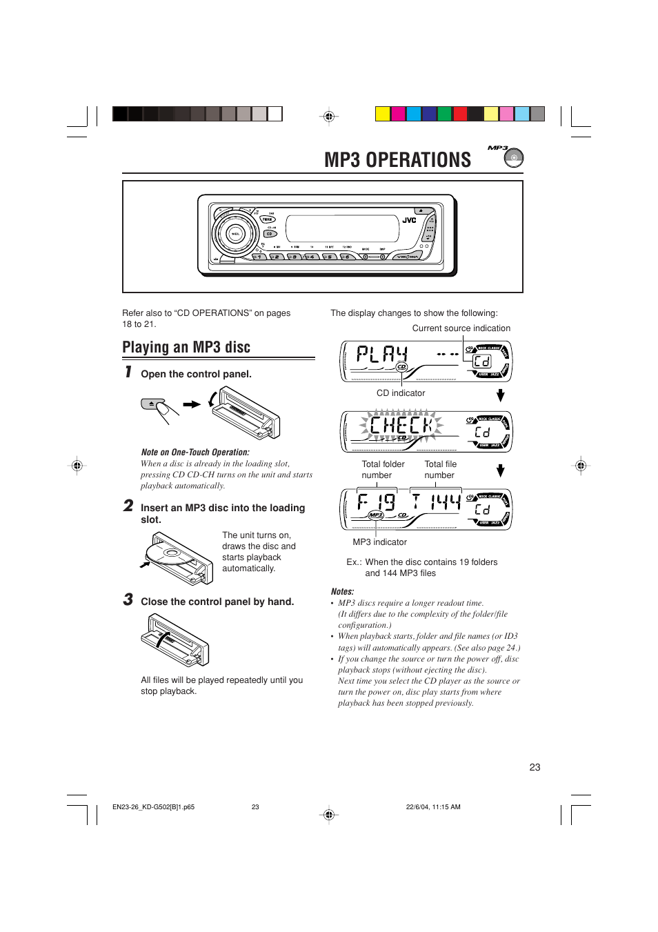Mp3 operations, Playing an mp3 disc 1 | JVC KD-G502 User Manual | Page 23 / 50