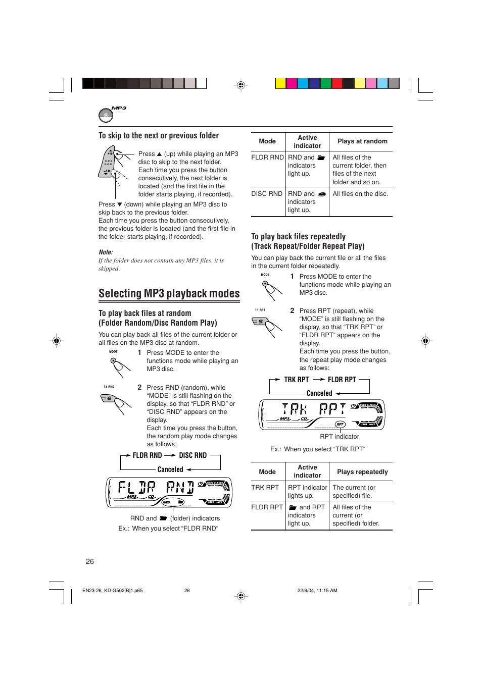 Selecting mp3 playback modes | JVC KD-G502 User Manual | Page 26 / 50