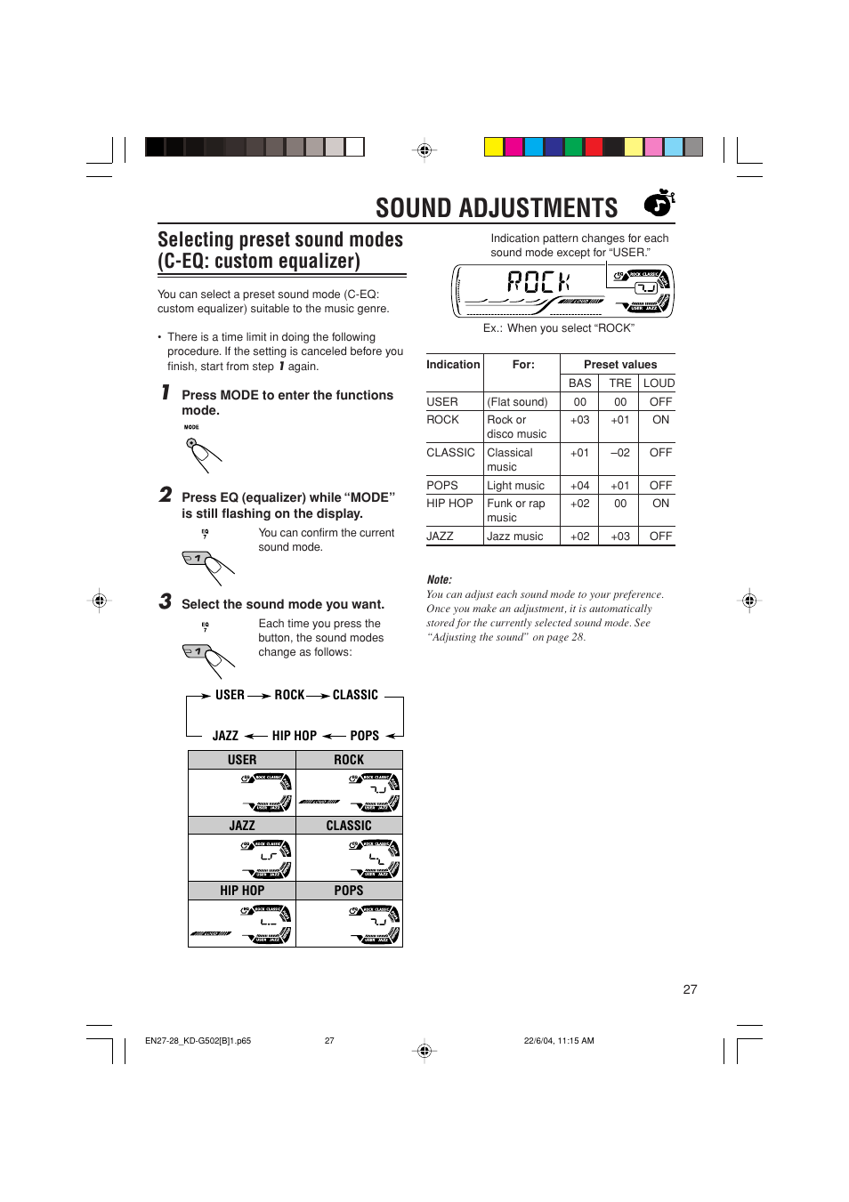 Sound adjustments | JVC KD-G502 User Manual | Page 27 / 50